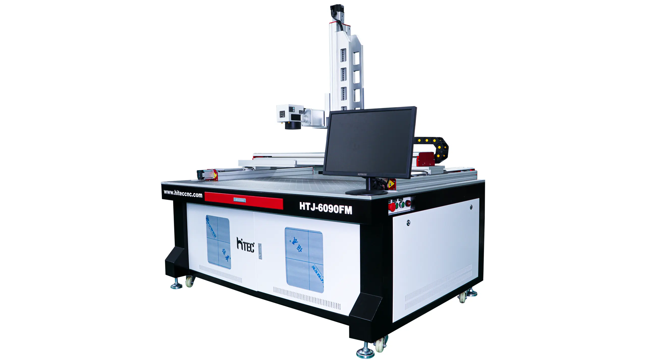 Right side view of large format laser marking machine showing laser head system and control components